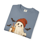 Halloween Ghost T-Shirt — Cute Ghost with Pumpkin & Coffee Graphic