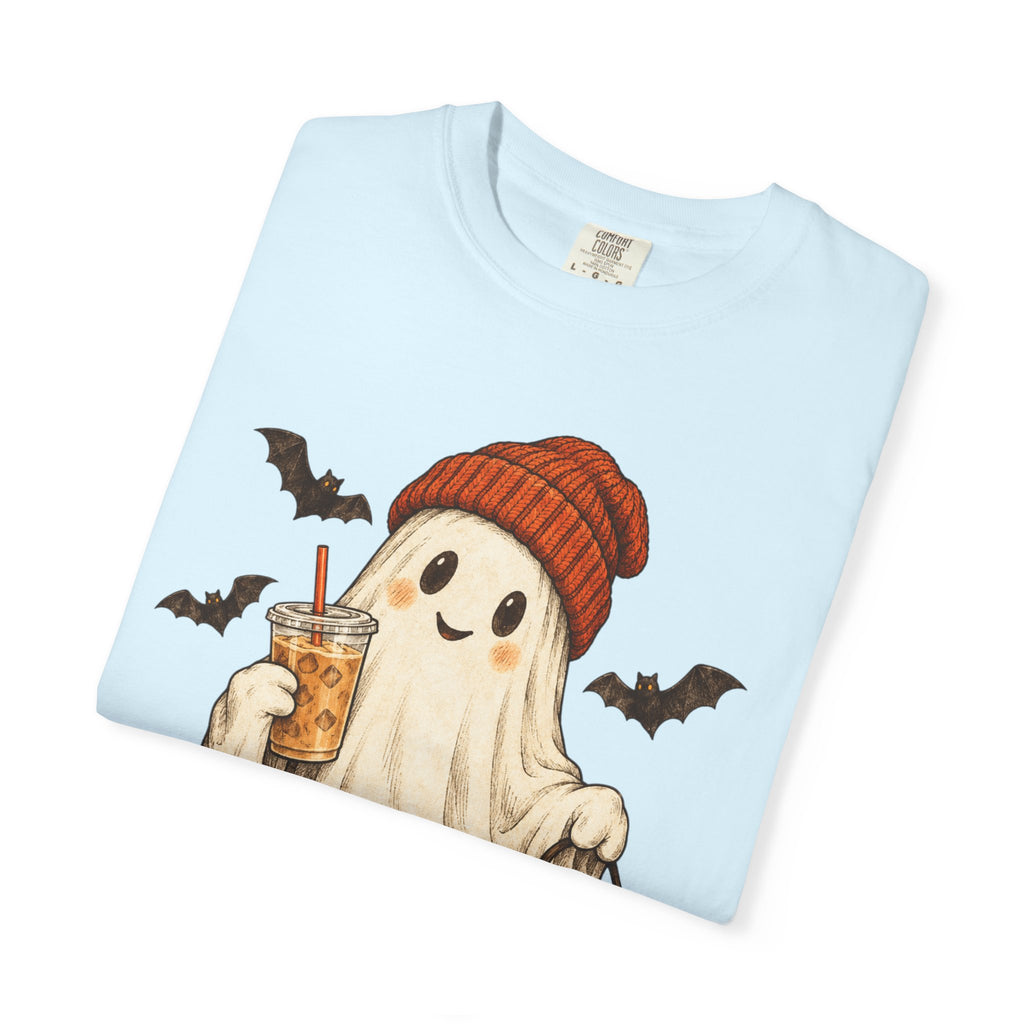 Halloween Ghost T-Shirt — Cute Ghost with Pumpkin & Coffee Graphic