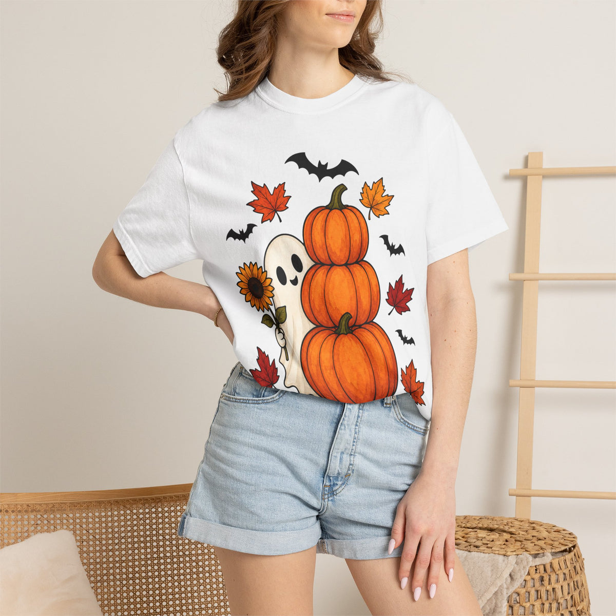 Halloween Pumpkin Stack T-Shirt — Cute Ghost, Sunflower & Falling Leaves Design