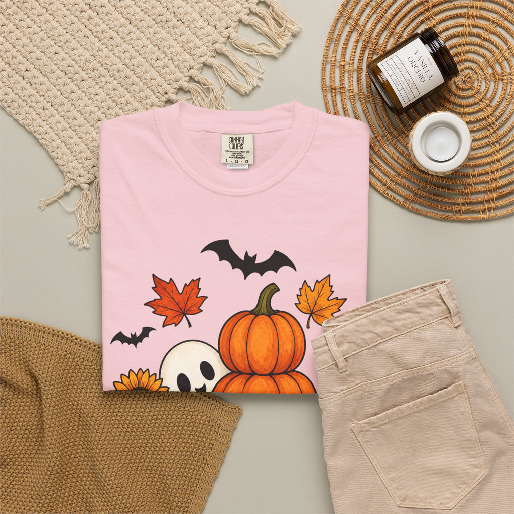 Halloween Pumpkin Stack T-Shirt — Cute Ghost, Sunflower & Falling Leaves Design