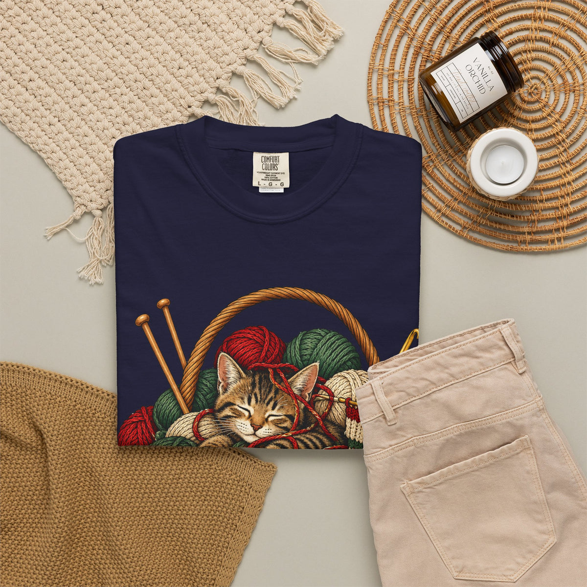 Cat in Yarn Basket T‑Shirt — Cozy Holiday Knitting Cat Tee