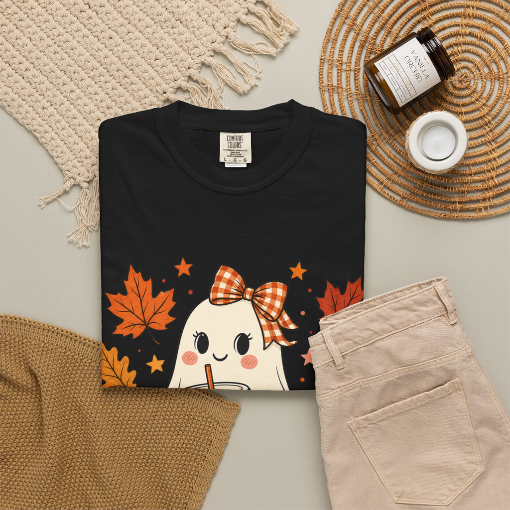 Cute Ghost Pumpkin Drink Tee — Fall Leaves Graphic T-Shirt