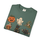 Halloween-Icons T-Shirt — Niedliches Retro-T-Shirt mit Kürbissen, Geist, Katze & Totenkopf