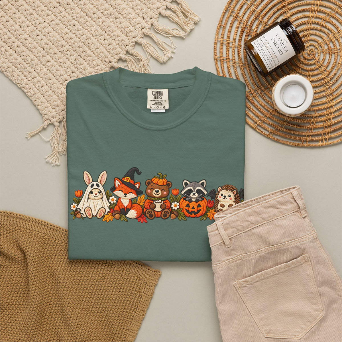 Halloween Critter Lineup T-Shirt — Cute Pumpkin, Witch & Bunny Spooky Crew