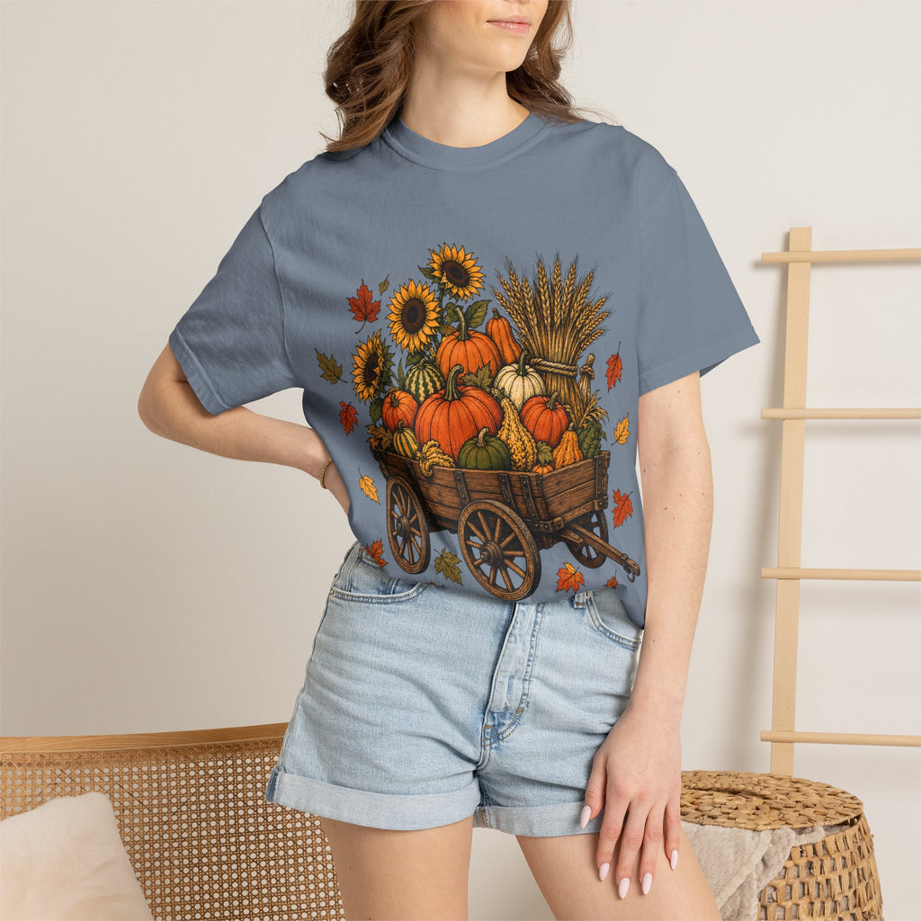 T-Shirt „Herbsternte-Wagen“ — Kürbis & Sonnenblume Herbst-T-Shirt