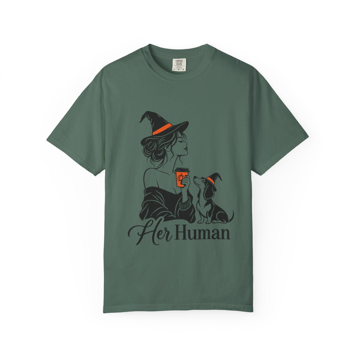 Her Human Witch Tee — Halloween Witch & Dog Graphic T-Shirt