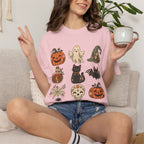 Halloween-Icons T-Shirt — Niedliches Retro-T-Shirt mit Kürbissen, Geist, Katze & Totenkopf
