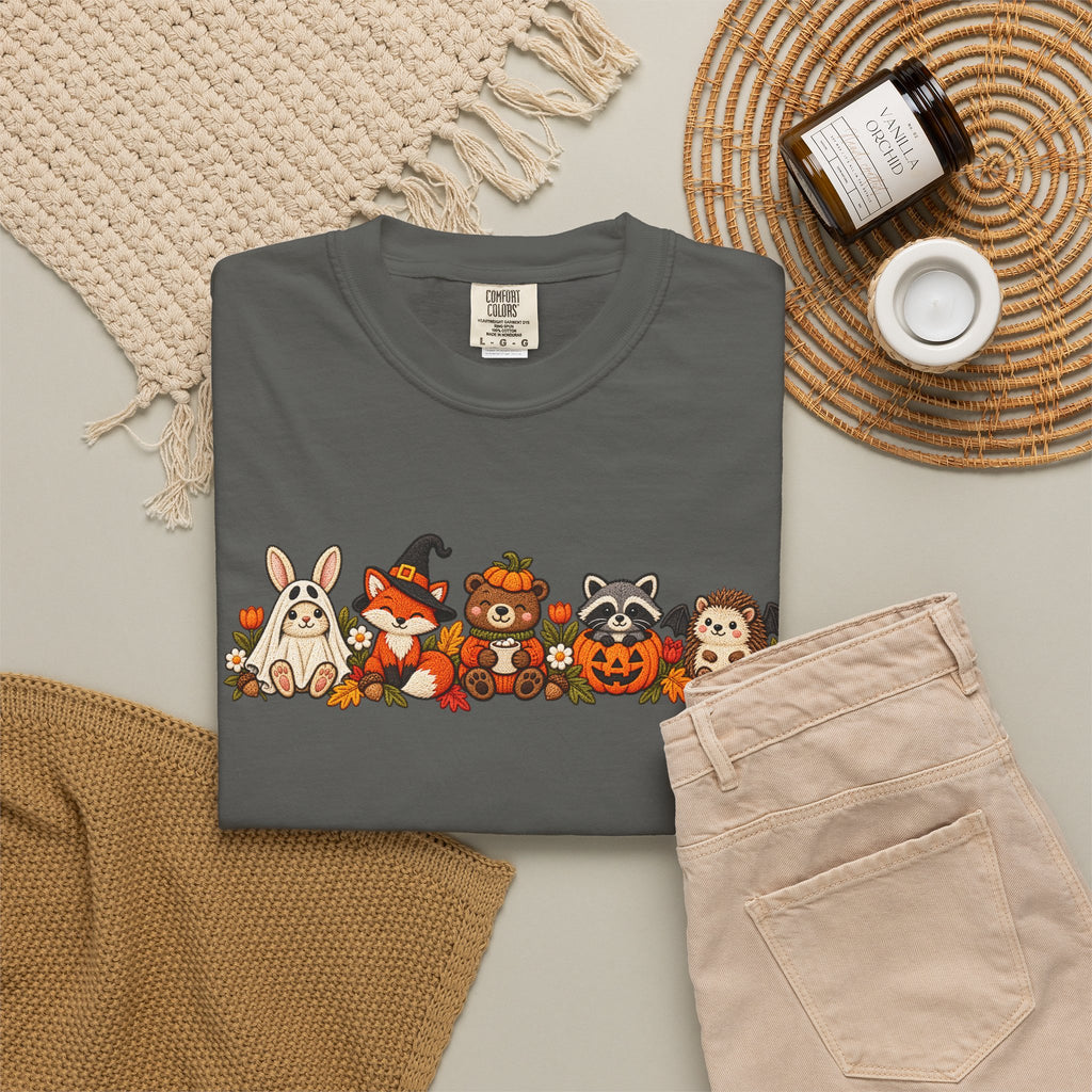 Halloween Critter Lineup T-Shirt — Cute Pumpkin, Witch & Bunny Spooky Crew