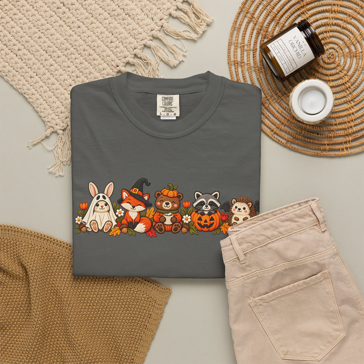Halloween Critter Lineup T-Shirt — Cute Pumpkin, Witch & Bunny Spooky Crew