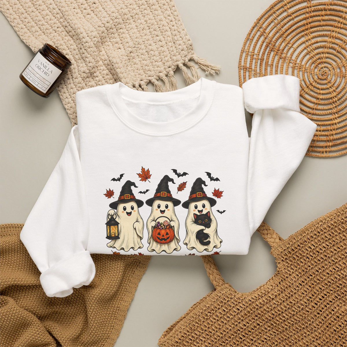 Halloween Puppy Ghosts Sweatshirt — Cute Dogs in Witch Hats with Jack-o'-Lantern