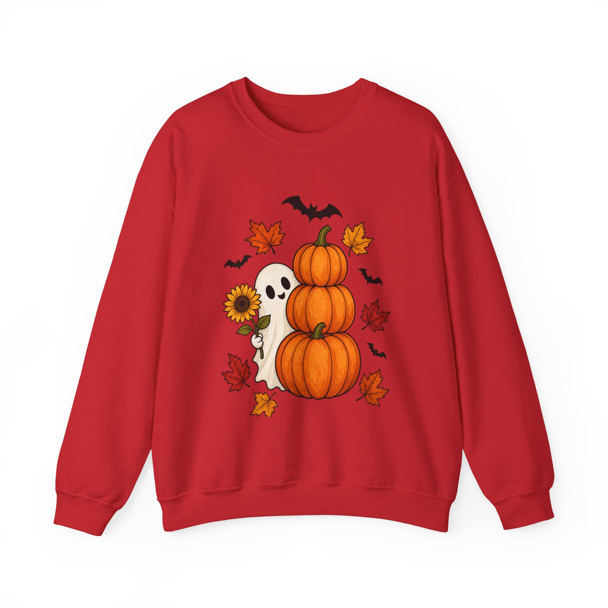 Halloween Pumpkin Stack Crewneck Sweatshirt — Ghost, Sunflower & Falling Leaves Design