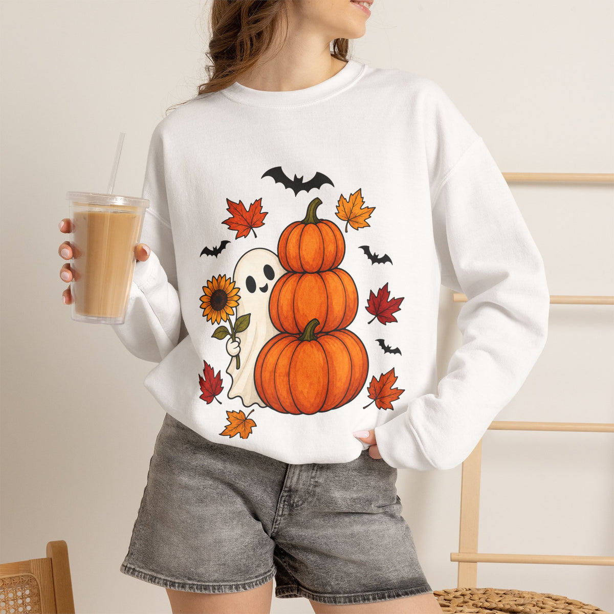 Halloween Pumpkin Stack Crewneck Sweatshirt — Ghost, Sunflower & Falling Leaves Design
