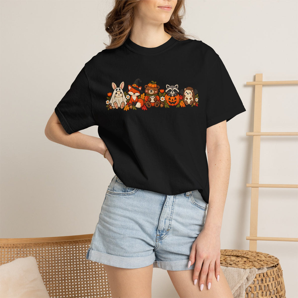 Halloween Critter Lineup T-Shirt — Cute Pumpkin, Witch & Bunny Spooky Crew