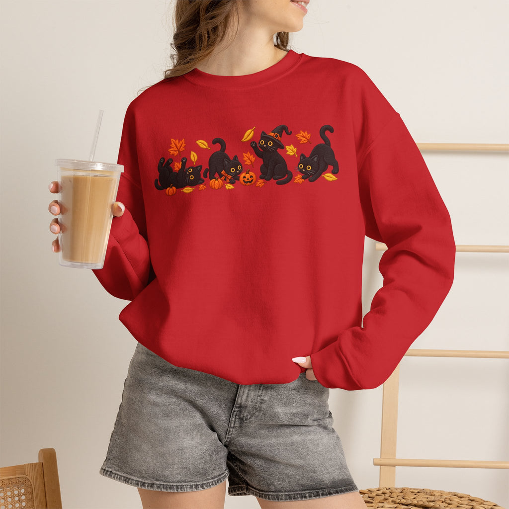 Herbst-Sweatshirt mit schwarzem Katzen-Motiv