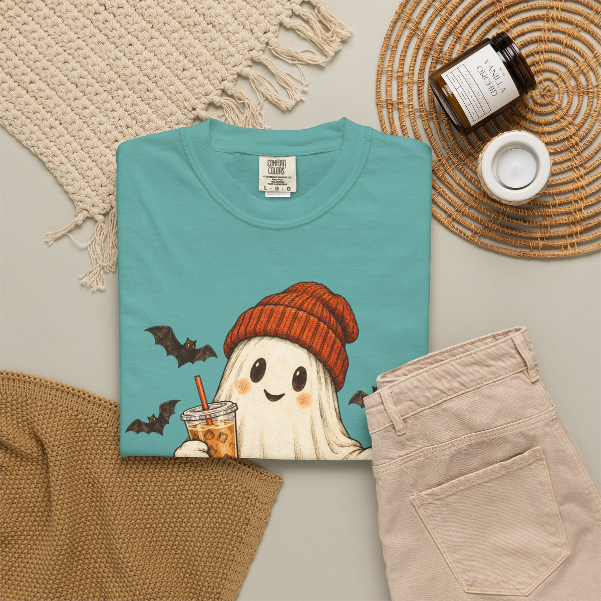 Halloween Ghost T-Shirt — Cute Ghost with Pumpkin & Coffee Graphic