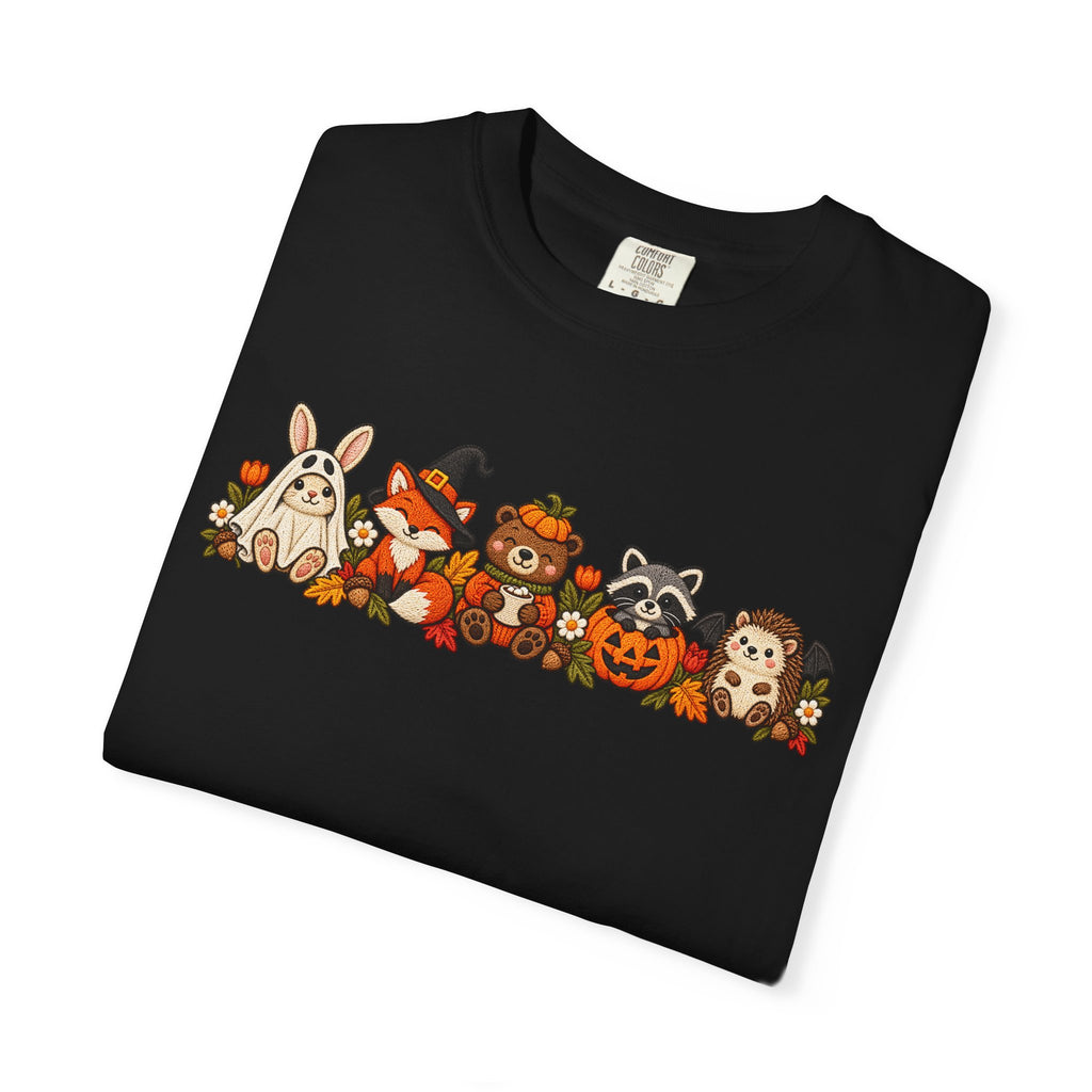 Halloween Critter Lineup T-Shirt — Cute Pumpkin, Witch & Bunny Spooky Crew