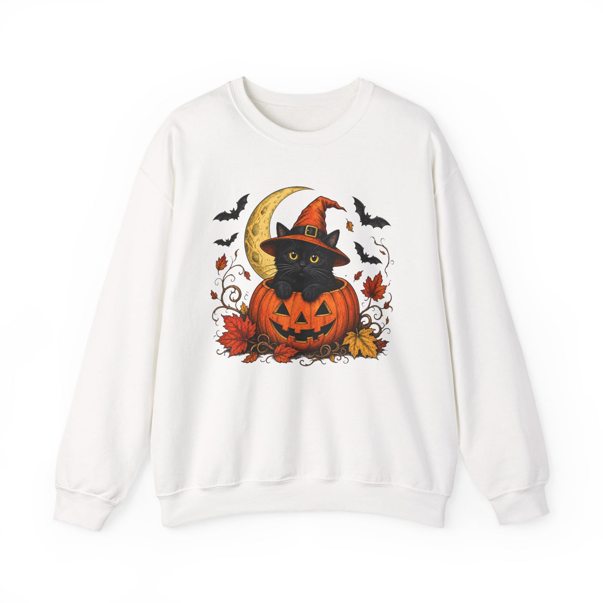 Halloween Black Cat Pumpkin Sweatshirt — Witch Hat, Moon & Bats Crewneck