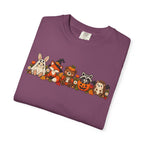 Halloween Critter Lineup T-Shirt — Cute Pumpkin, Witch & Bunny Spooky Crew