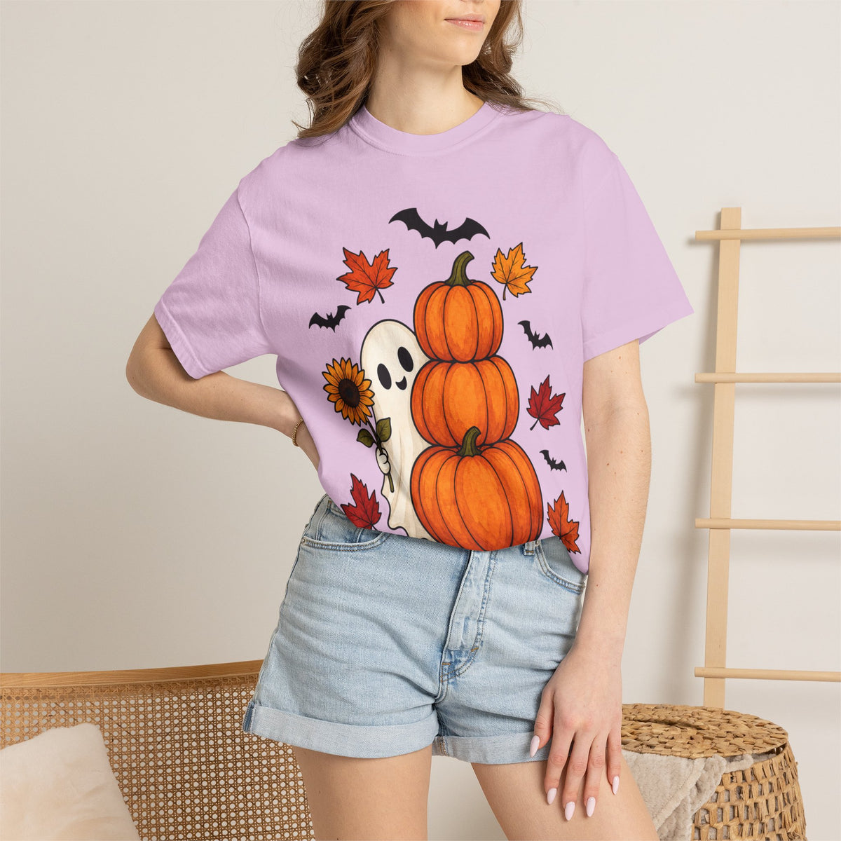 Halloween Pumpkin Stack T-Shirt — Cute Ghost, Sunflower & Falling Leaves Design
