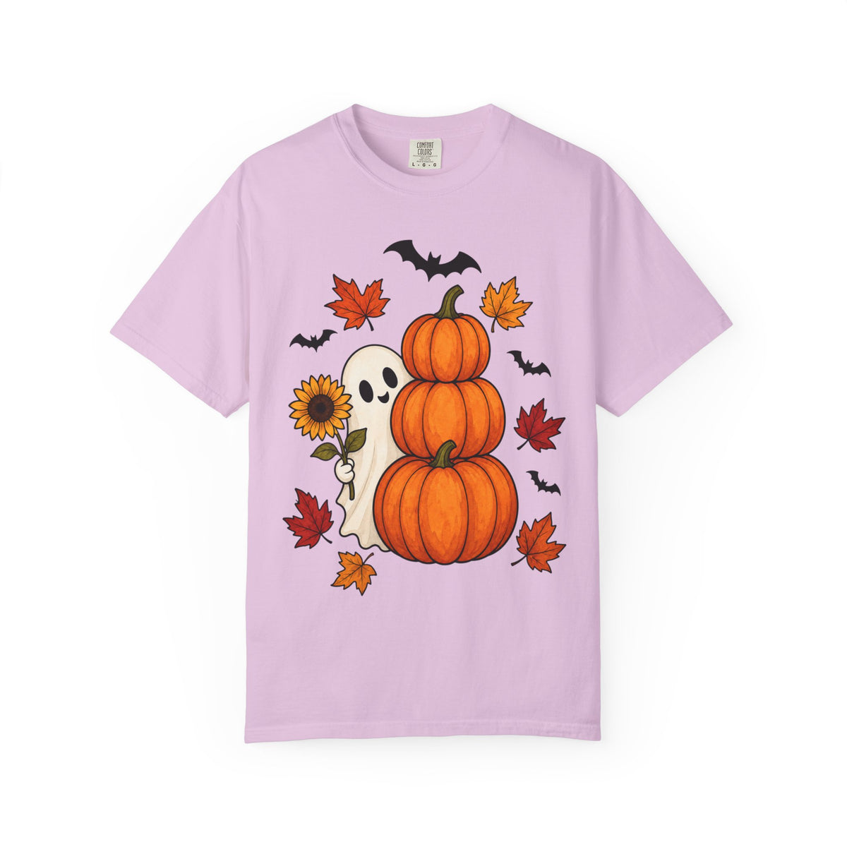 Halloween Pumpkin Stack T-Shirt — Cute Ghost, Sunflower & Falling Leaves Design