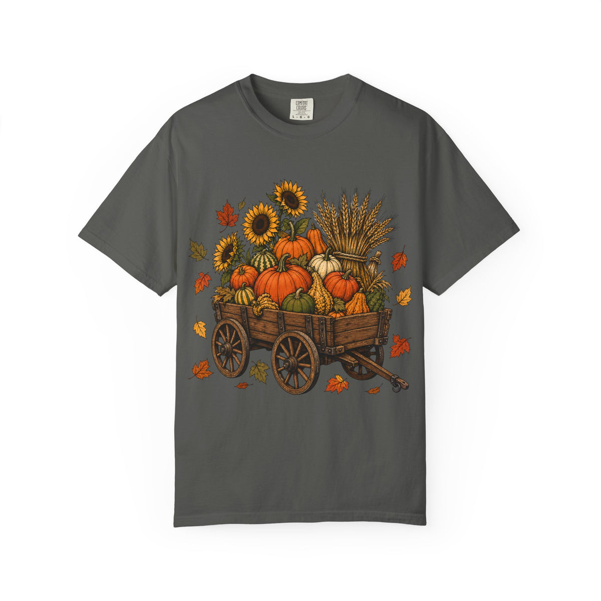 Autumn Harvest Wagon T-Shirt — Pumpkin & Sunflower Fall Tee