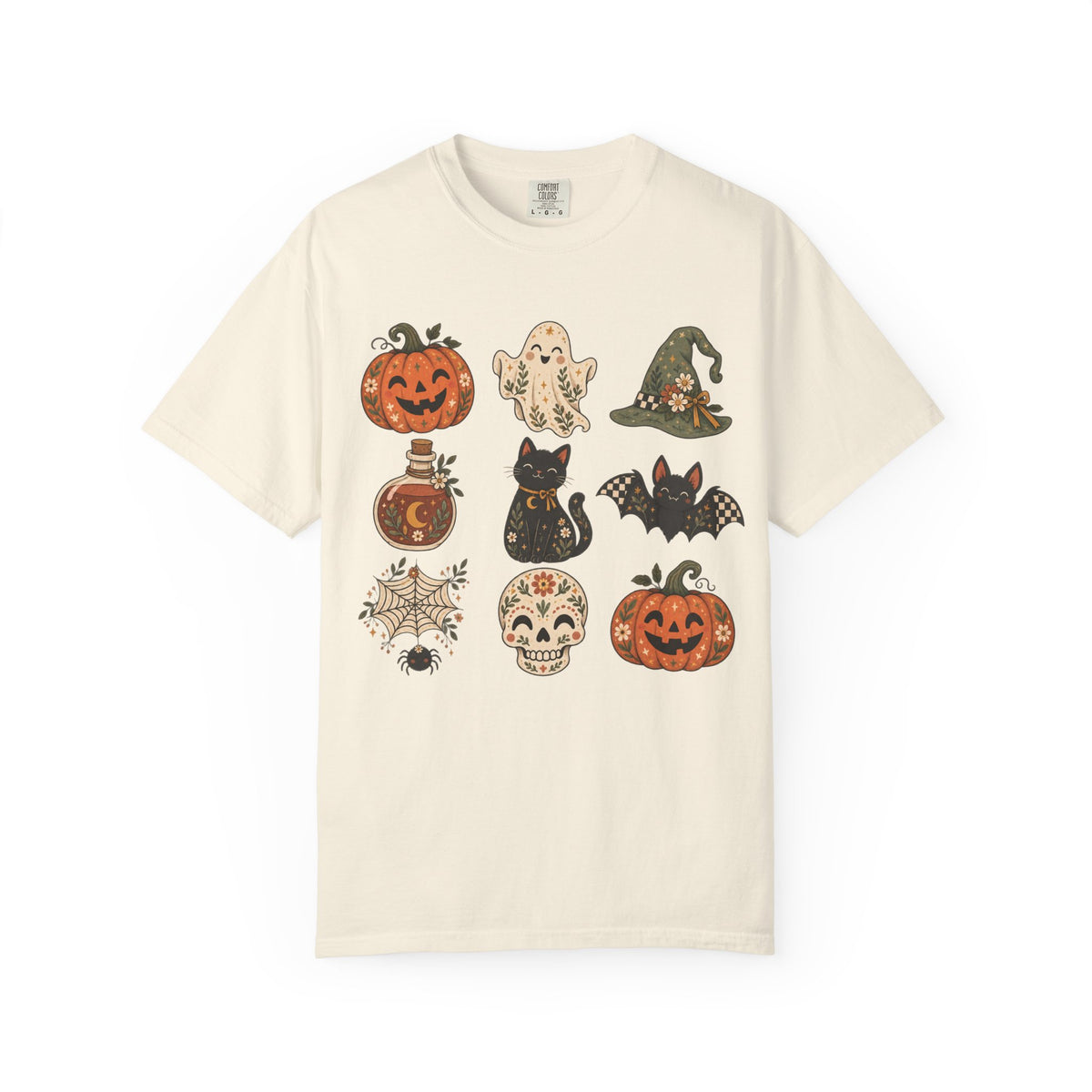 Halloween Icons T-Shirt — Cute Retro Pumpkins, Ghost, Cat & Skull Tee