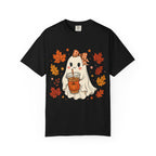 Cute Ghost Pumpkin Drink Tee — Fall Leaves Graphic T-Shirt