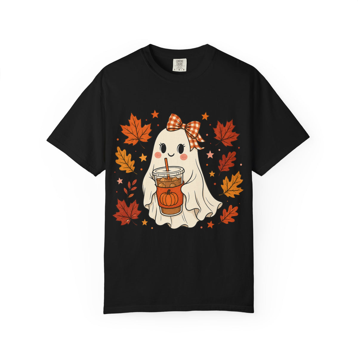 Cute Ghost Pumpkin Drink Tee — Fall Leaves Graphic T-Shirt