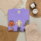 Halloween-Icons T-Shirt — Niedliches Retro-T-Shirt mit Kürbissen, Geist, Katze & Totenkopf