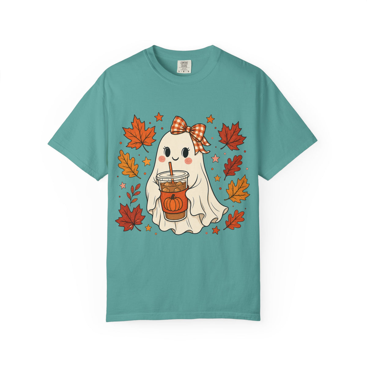 Cute Ghost Pumpkin Drink Tee — Fall Leaves Graphic T-Shirt