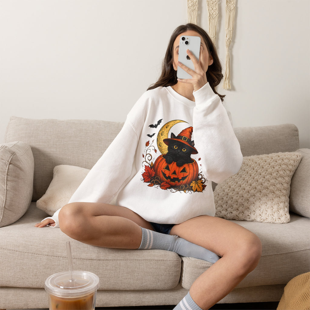 Halloween Black Cat Pumpkin Sweatshirt — Witch Hat, Moon & Bats Crewneck