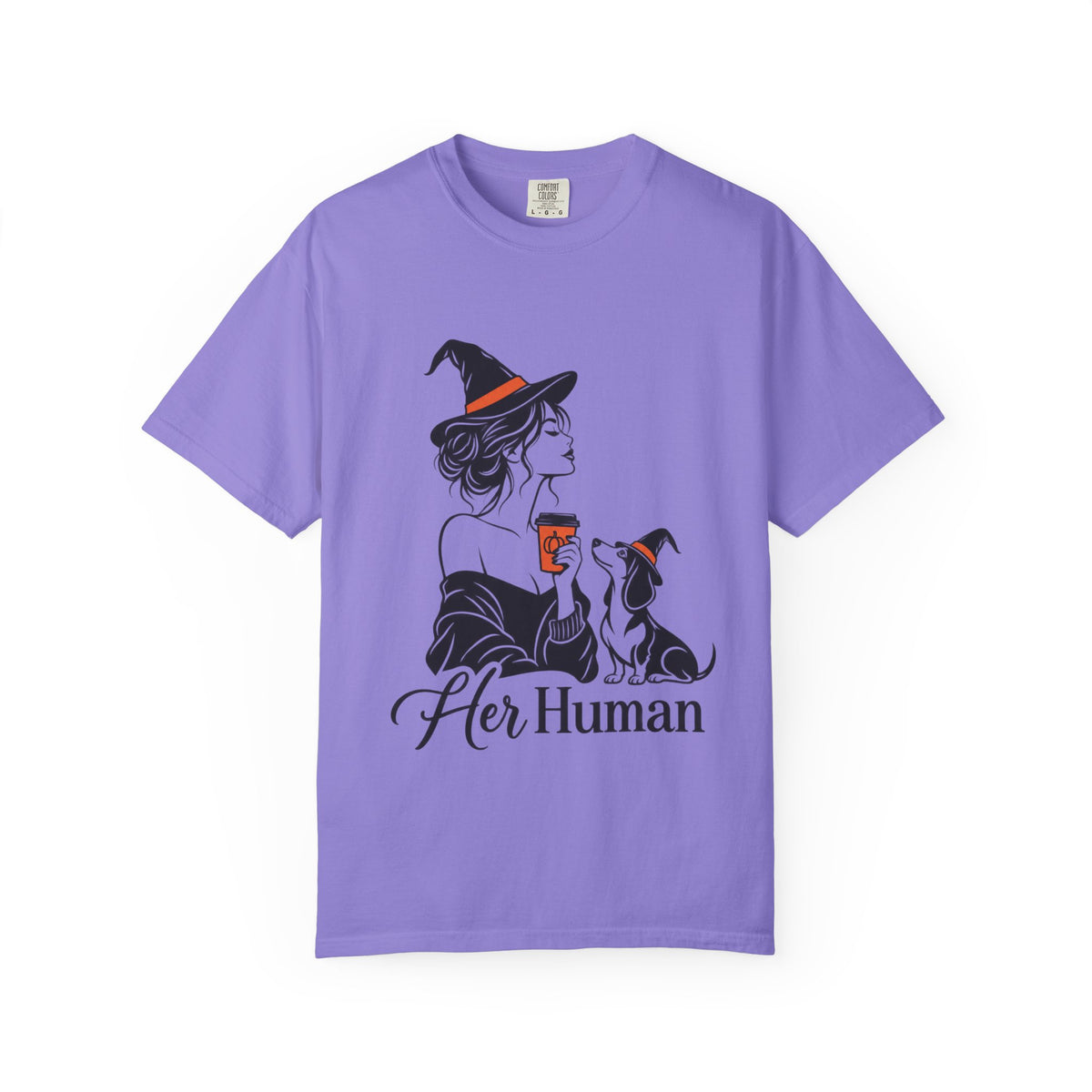 Her Human Witch Tee — Halloween Witch & Dog Graphic T-Shirt