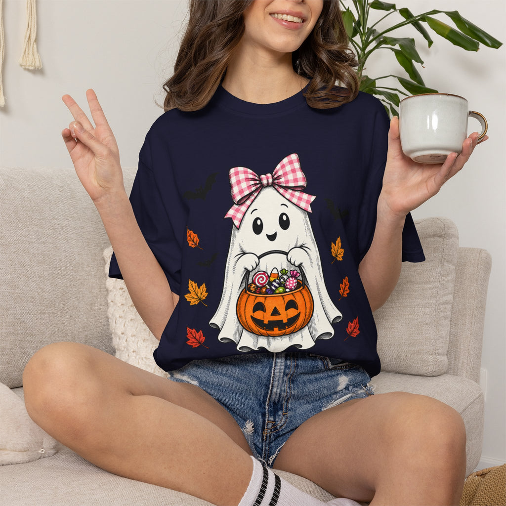 Cute Halloween Ghost T-Shirt — Trick-or-Treat Pumpkin & Bats