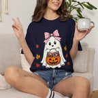 Cute Halloween Ghost T-Shirt — Trick-or-Treat Pumpkin & Bats