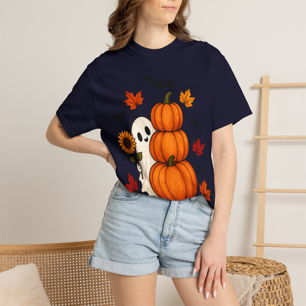 Halloween Pumpkin Stack T-Shirt — Cute Ghost, Sunflower & Falling Leaves Design