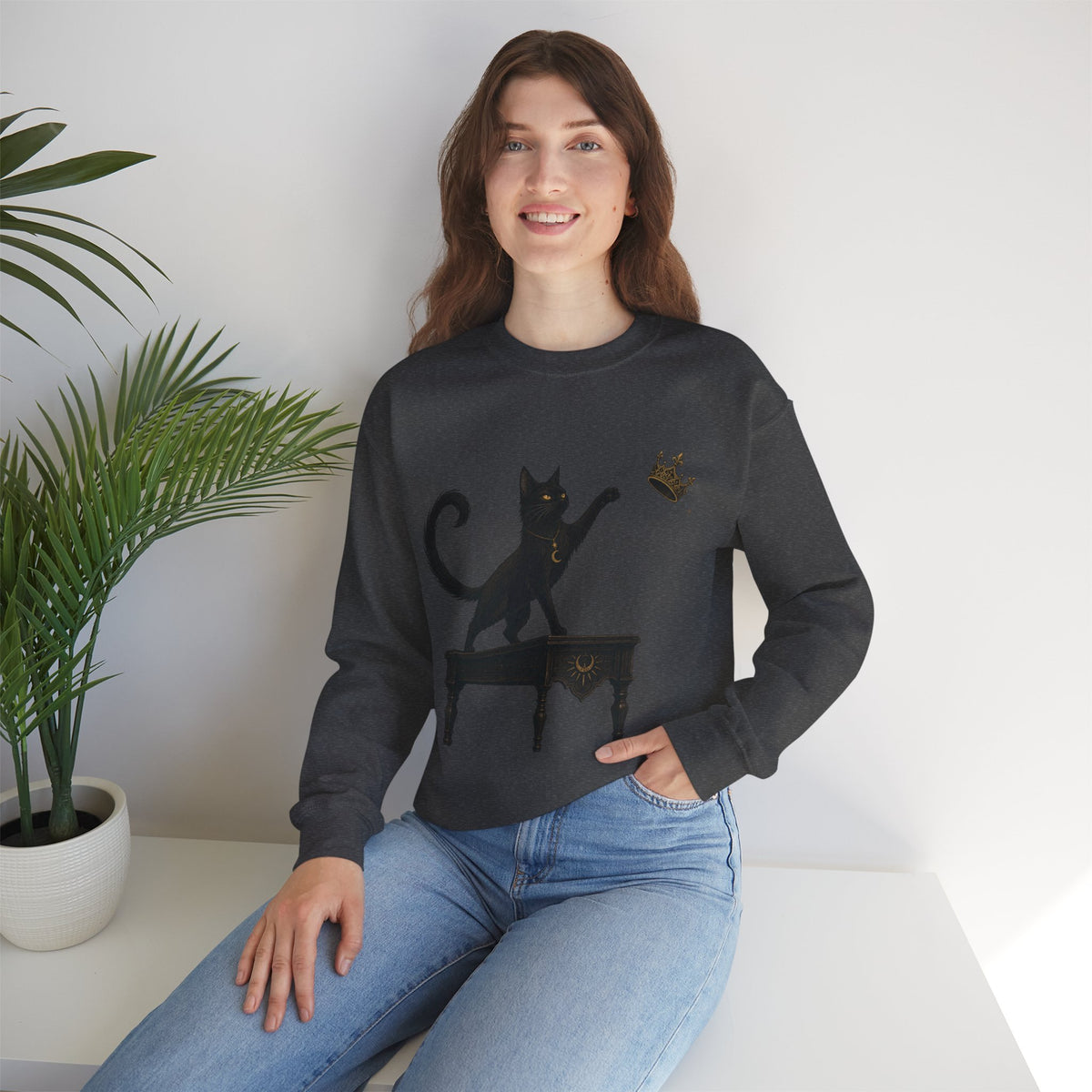 Cat with Crown Crewneck Sweatshirt — Playful Black Cat Graphic