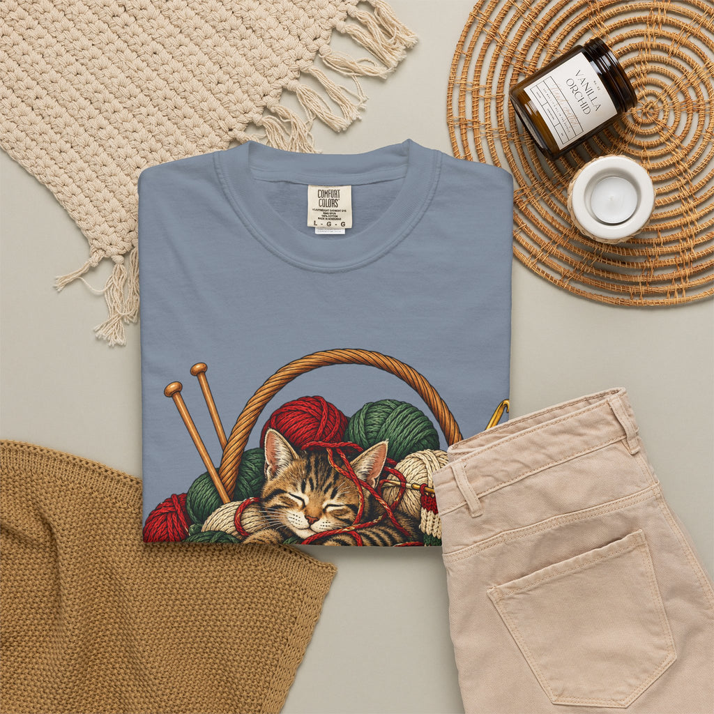 Cat in Yarn Basket T‑Shirt — Cozy Holiday Knitting Cat Tee