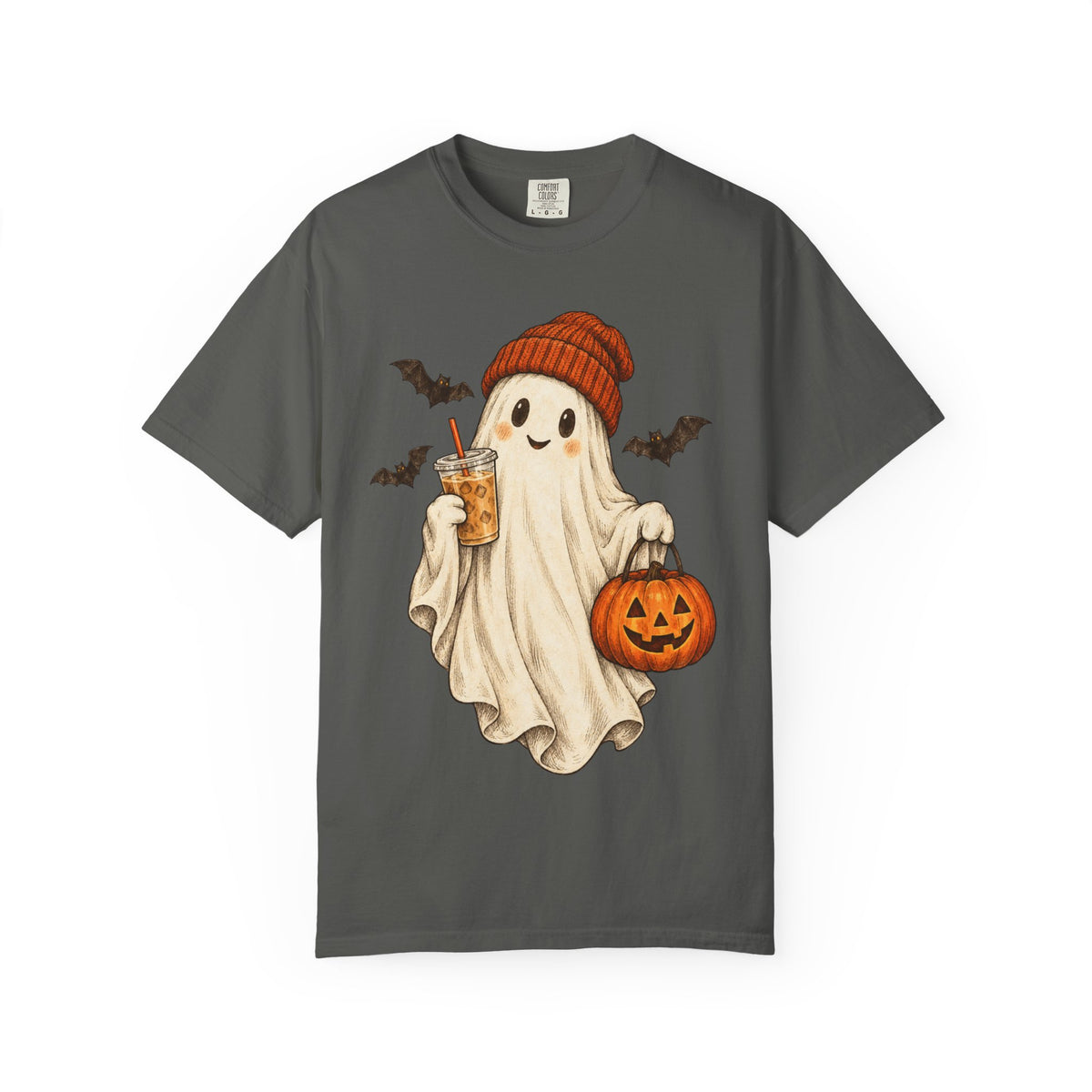 Halloween Ghost T-Shirt — Cute Ghost with Pumpkin & Coffee Graphic