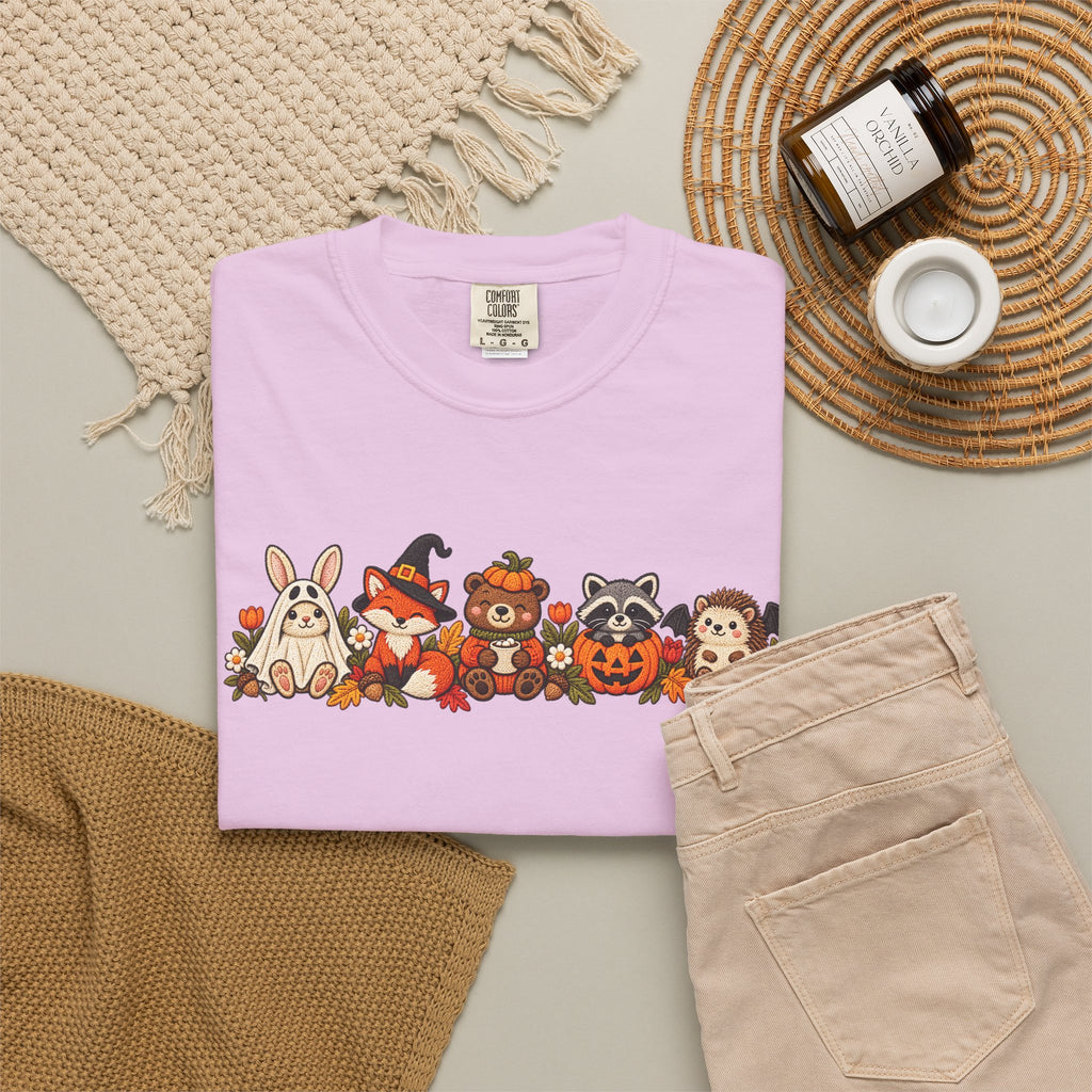 Halloween Critter Lineup T-Shirt — Cute Pumpkin, Witch & Bunny Spooky Crew