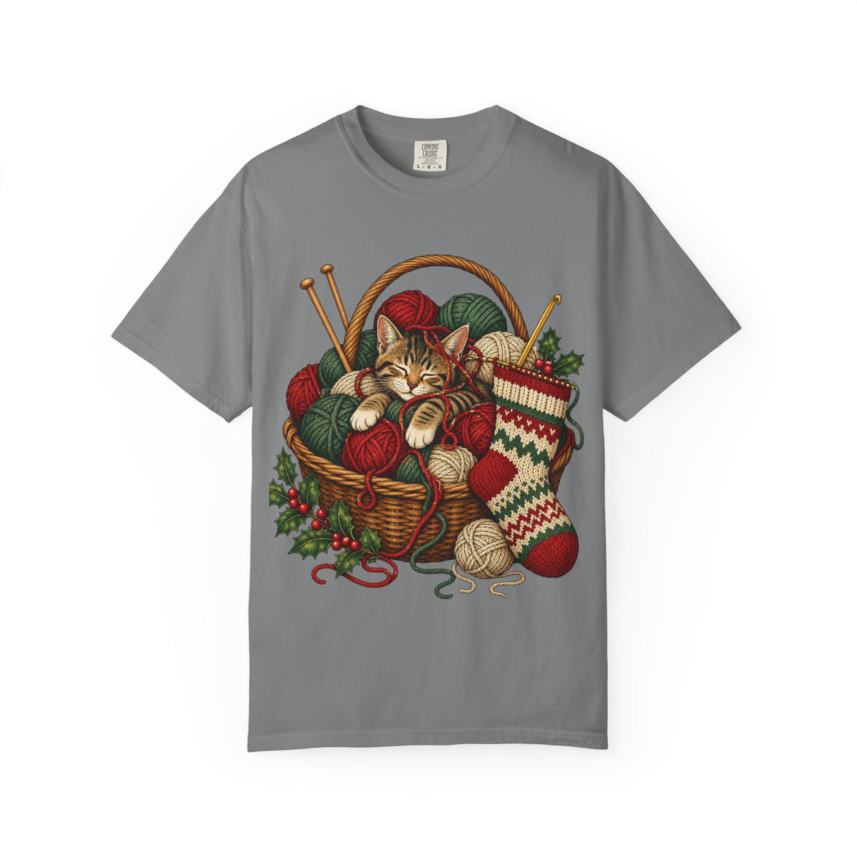 Cat in Yarn Basket T‑Shirt — Cozy Holiday Knitting Cat Tee