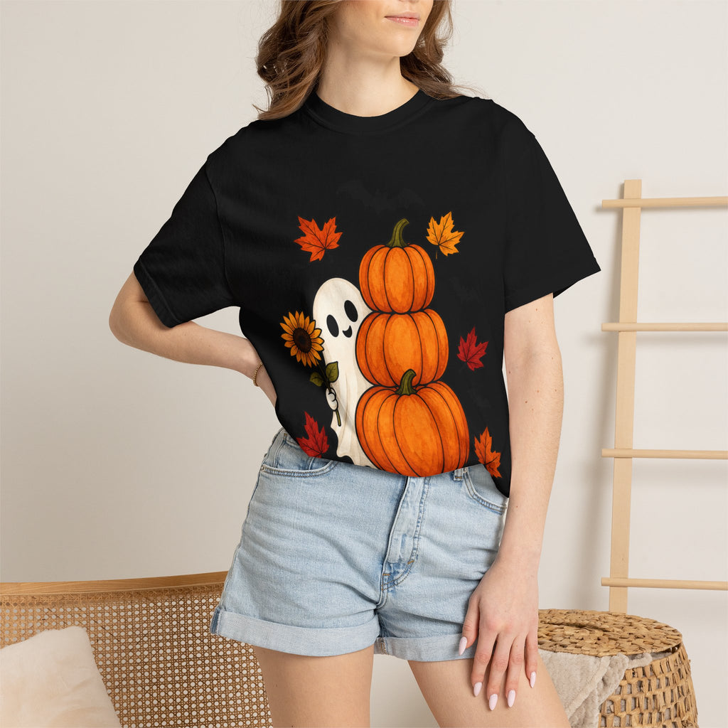 Halloween Pumpkin Stack T-Shirt — Cute Ghost, Sunflower & Falling Leaves Design