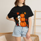 Halloween Pumpkin Stack T-Shirt — Cute Ghost, Sunflower & Falling Leaves Design