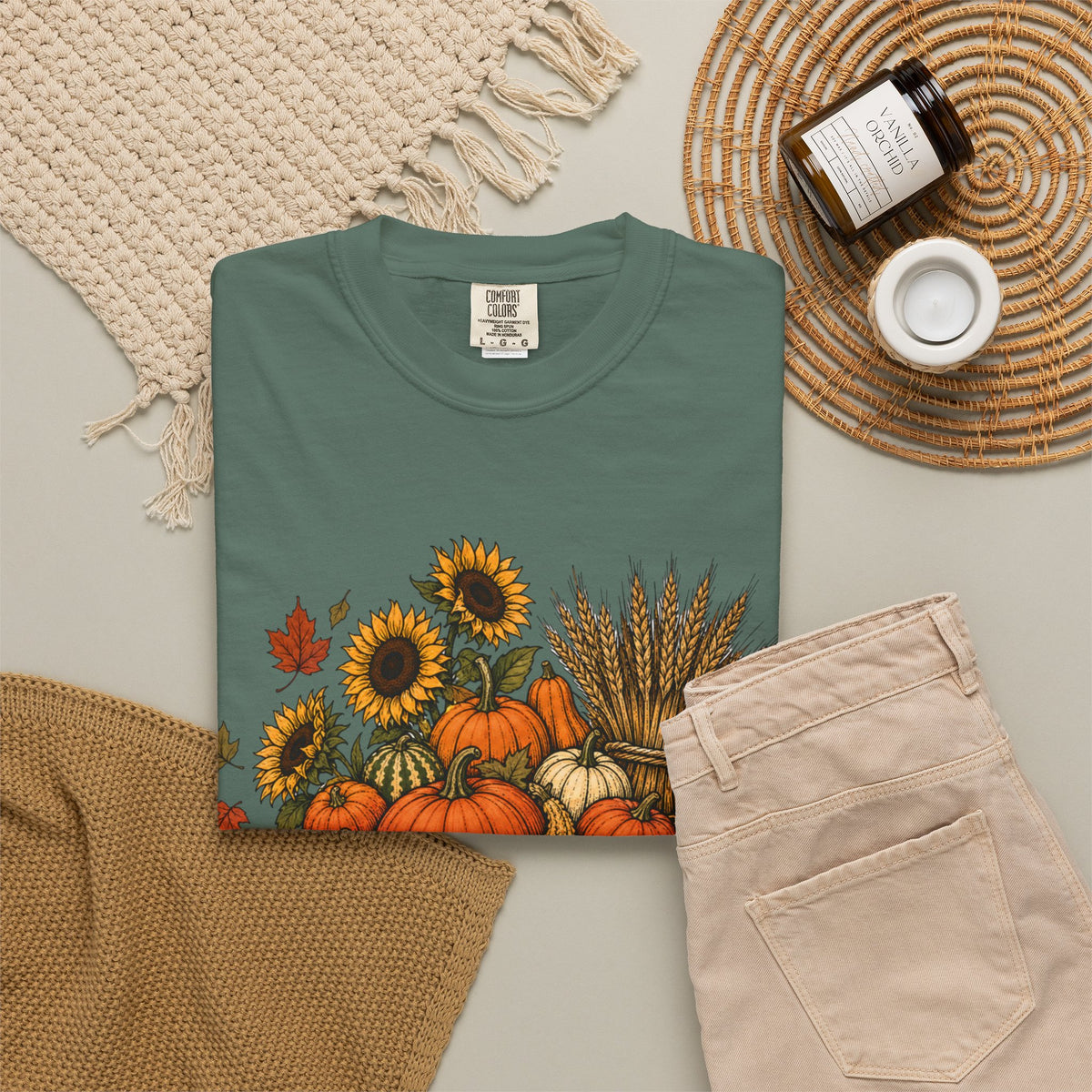 T-Shirt „Herbsternte-Wagen“ — Kürbis & Sonnenblume Herbst-T-Shirt