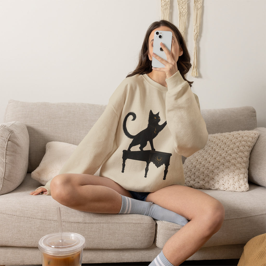 Cat with Crown Crewneck Sweatshirt — Playful Black Cat Graphic