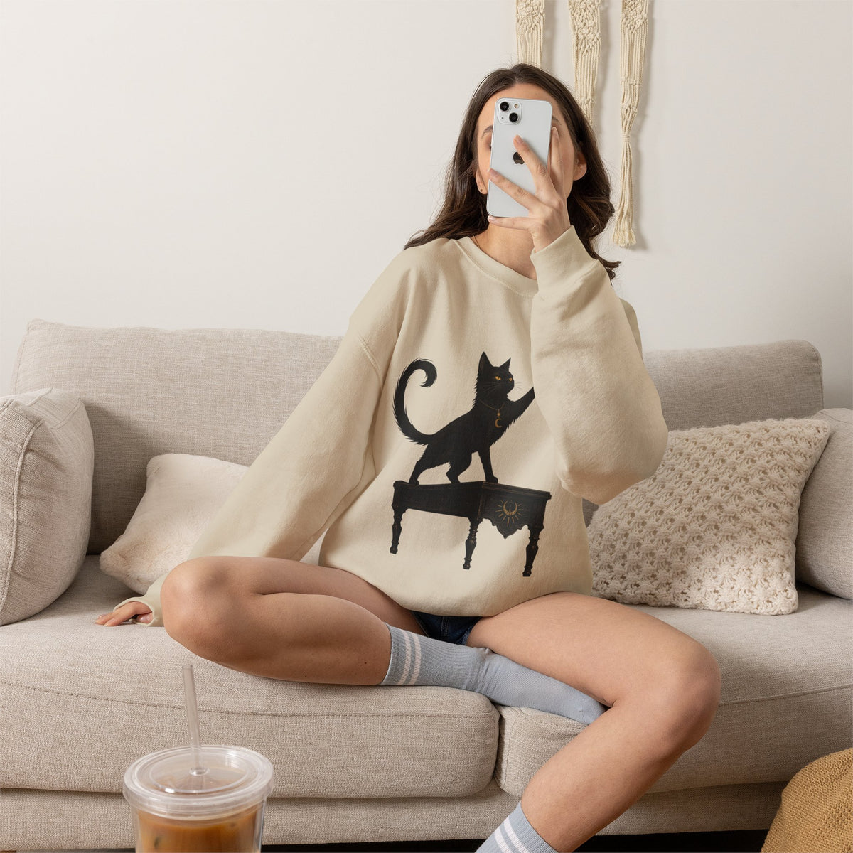 Cat with Crown Crewneck Sweatshirt — Playful Black Cat Graphic