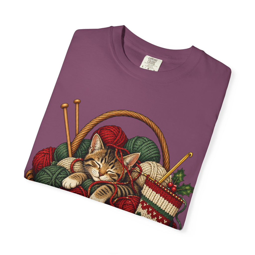 Cat in Yarn Basket T‑Shirt — Cozy Holiday Knitting Cat Tee
