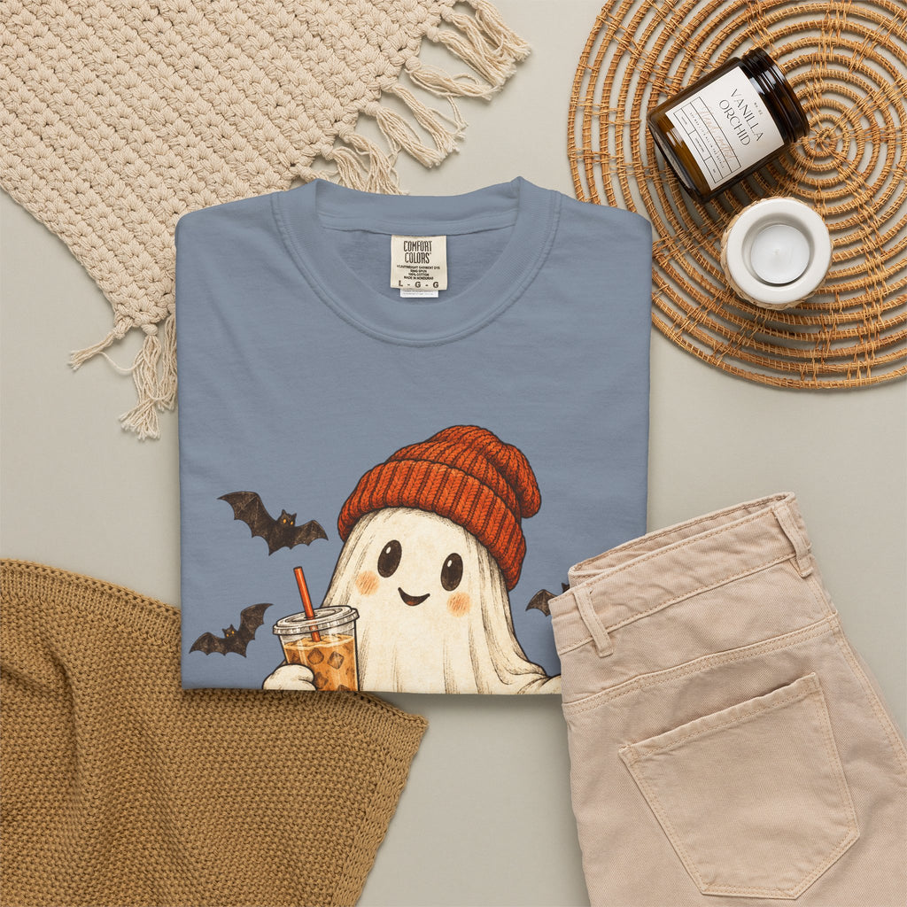 Halloween Ghost T-Shirt — Cute Ghost with Pumpkin & Coffee Graphic
