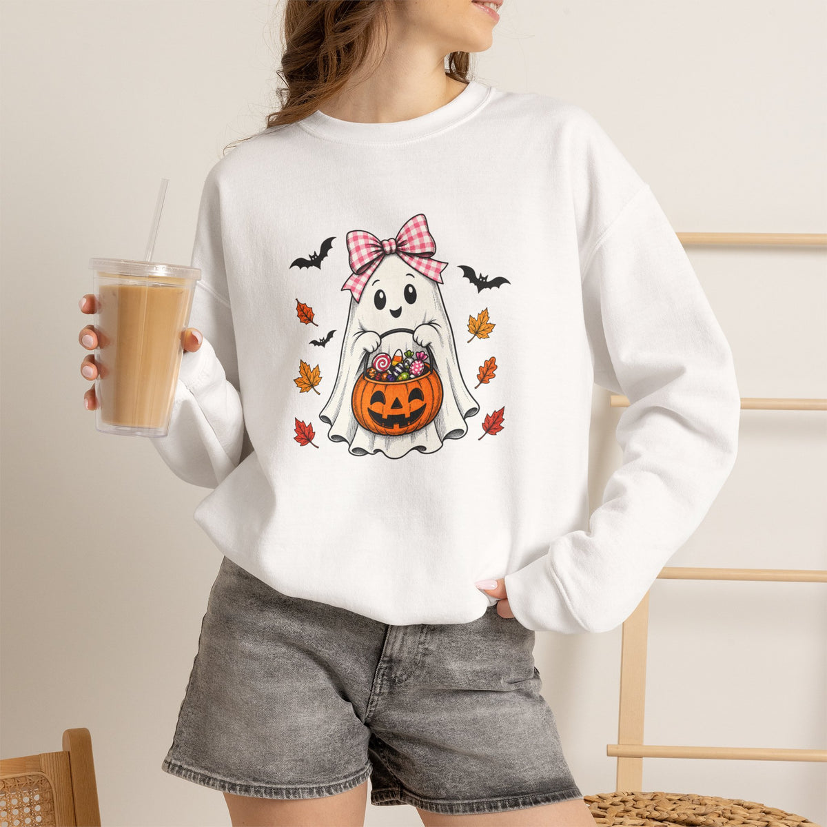 Cute Halloween Ghost Sweatshirt – Girl Ghost with Pumpkin Basket & Bats