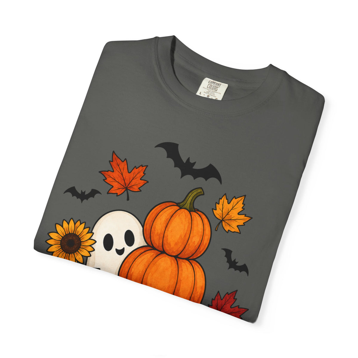 Halloween Pumpkin Stack T-Shirt — Cute Ghost, Sunflower & Falling Leaves Design