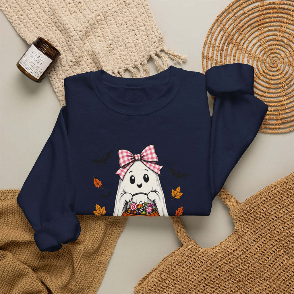 Cute Halloween Ghost Sweatshirt – Girl Ghost with Pumpkin Basket & Bats